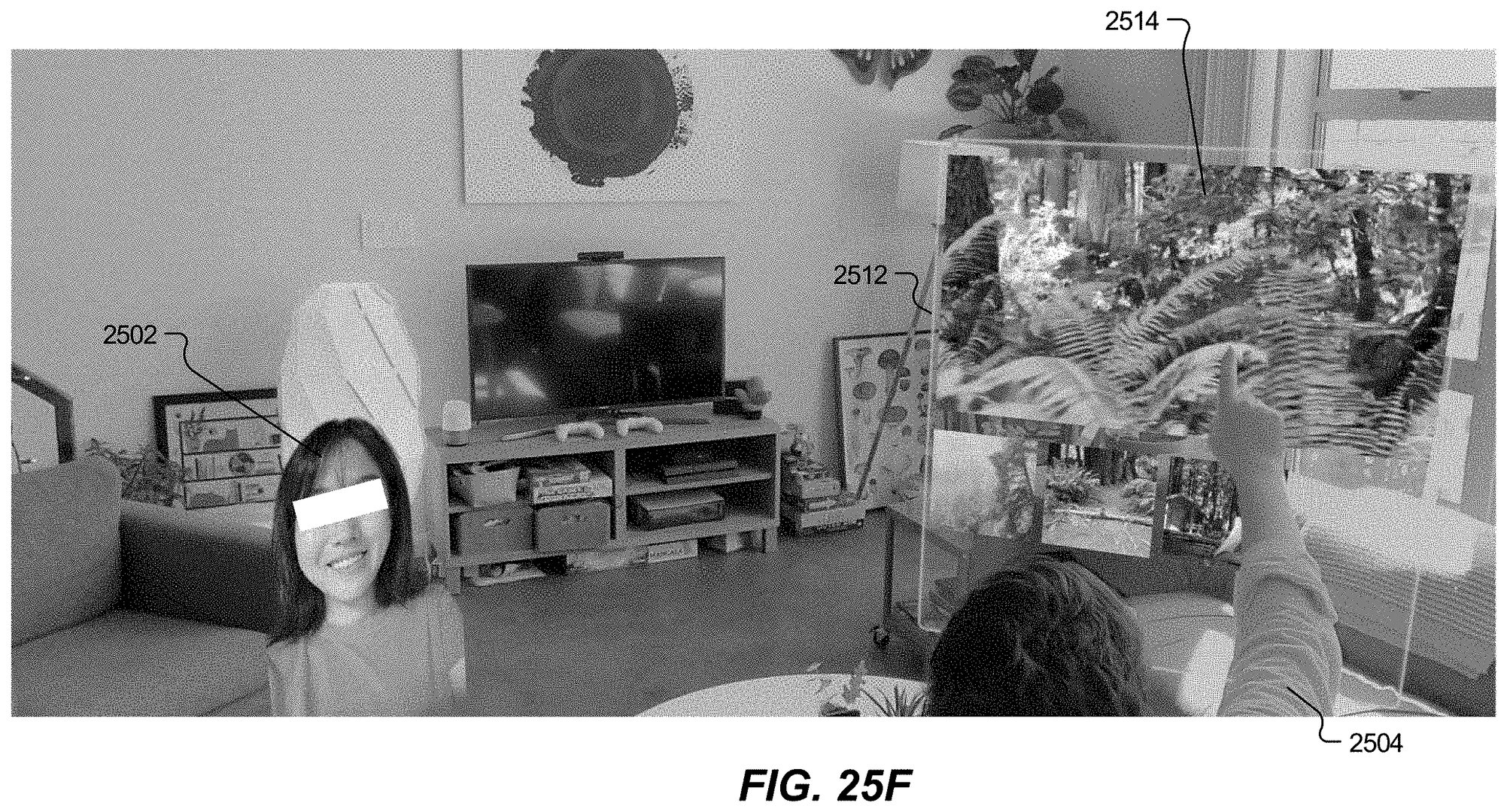 Unified sharing space for mixed-device calls. Headset user is pointing to shared “wall” while mobile user can see the wall in a volumetric view or as a 2D region on their screen.